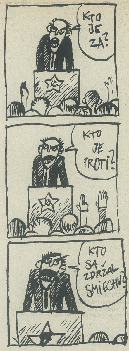 Kto sa zdržal smiechu?, karikatúra v časopise Zmena. 1989. Univerzitná knižnica v Bratislave